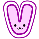 A pink letter "V" with a purple outline and a white outline edge that has a cute smiley face
