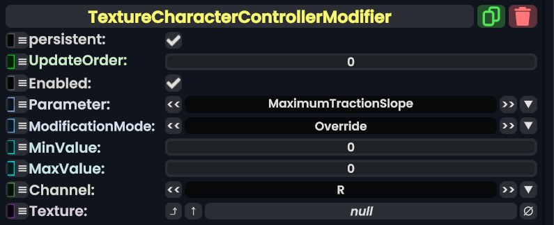 Component:TextureCharacterControllerModifier - Resonite Wiki