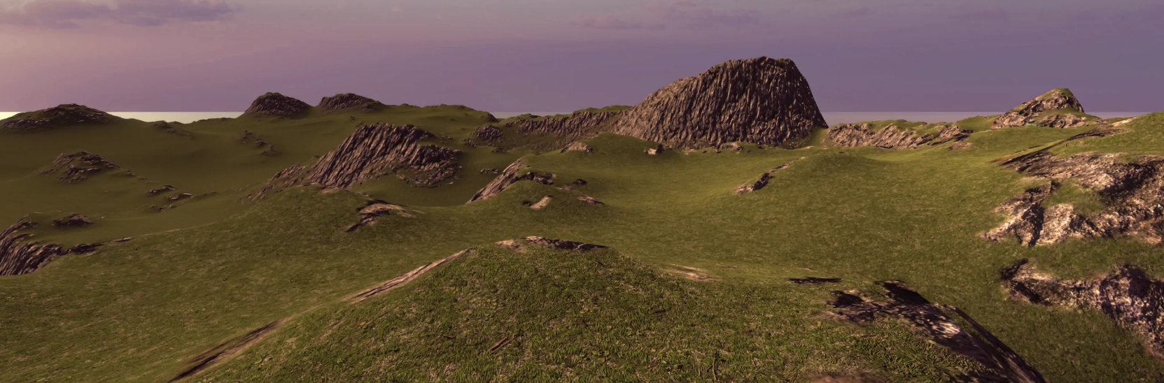 Terrain with grass and the ground and rocky hills