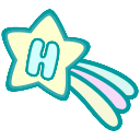 A shooting star with a teal outline and the letter "H" in its center