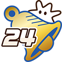 A stylized golden bell with a moonlight blue outline and a sea urchin behind and the number "24" in the foreground.