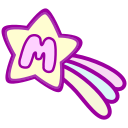 A shooting star with a magenta outline and the letter "M" in its center