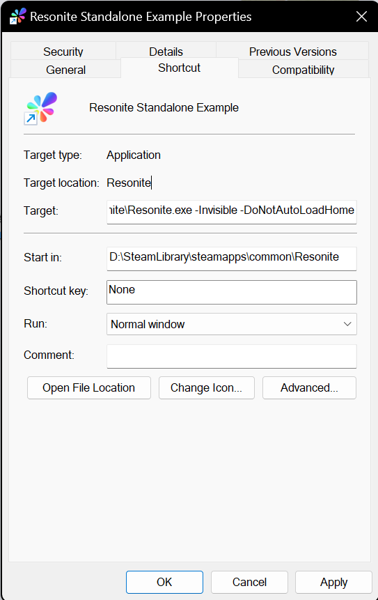 Setting custom launch options for a Shortcut