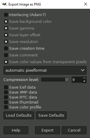 GIMP export window showing the options to export an image as a PNG