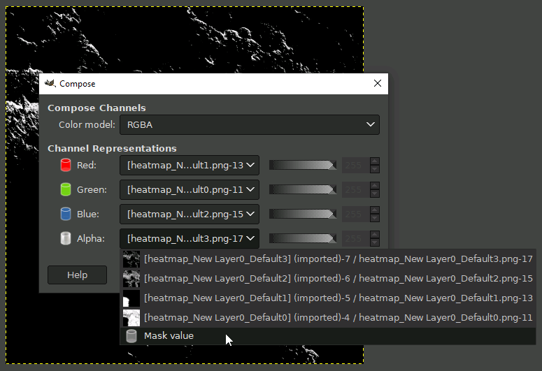 GIMP screenshot showing the compose window to combine all channels into a splatmap