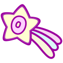 A shooting star with a magenta outline and the letter "O" in its center