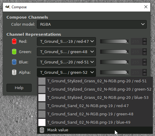 GIMP compose window showing all the color channels to create a splatmap from a normal map