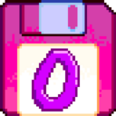 A pink floppy disk with the purple colored letter "O" in its center