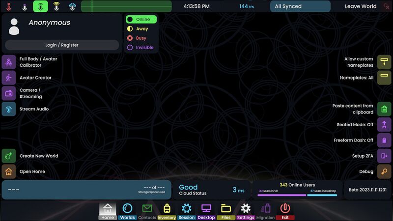 Dashboard on the "Home" tab. The top bar shows a microphone level selection, the time, performance, sync status and a "leave world" button. The content of the dashboard is composed of facets listed below.