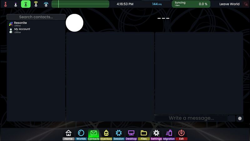 Dashboard on the "Contacts" tab. It contains three columns: on the left the contacts list showing two accounts being offline, in the center a list of sessions for the selected contact and on the right, a chat window to the selected contact.