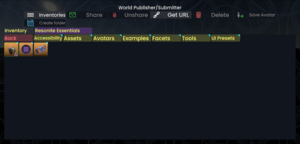 Dashboard "Inventory" tab displaying an in-folder view with a red "back" button. The contents of the folder are described below.