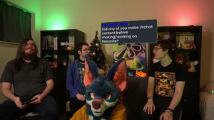 (From left to right) Prime, Cyro, Chroma (wearing a fursuit head), and Frooxius, hosting a special IRL Resonance episode.