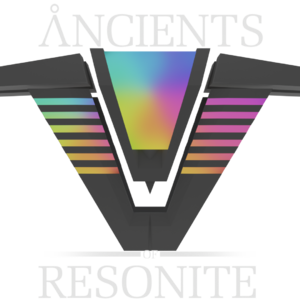 A multicolored Stargate chevron. The text "Ancients of Resonite" is in the center.