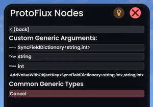 A protoflux browser set to add value with object key with example valid inputs for the add value with object key node, dictionary field is filled in with sync field dictionary with types string and int, key field is filled in with string, and value field is filled in with int