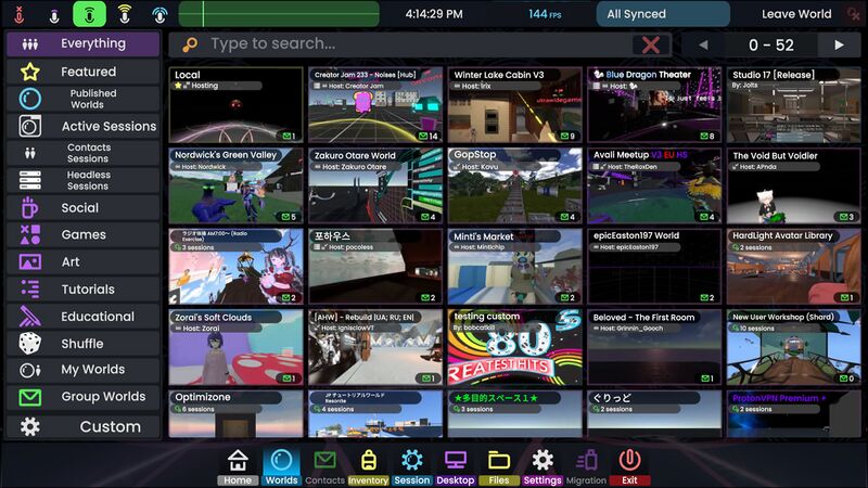 Dashboard with the "worlds" tab selected, showing a grid view of all the worlds. The screen also having a search bar on the top and filters on the left.