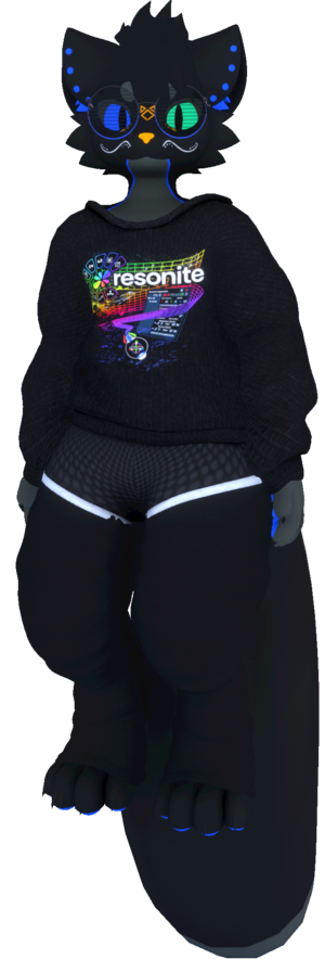 A photograph of Chip standing with their arms by their sides. They have a primarily dark gray body with a lighter gray underbelly separated with a blue stripe. They have a green left eye and blue left eye, and are wearing glasses. They have blue dots going down their ears, and a blue highlight on their inner ear. There is an orange pattern on their nose bridge, and a while whisker that spans both sides of the snout. They are wearing an outfit with a Resonite branded shirt, a pair of shorts and some baggy socks.