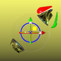 The Resonite dev tool being a glass sphere containing a gizmo and on its top, three red green and blue wings