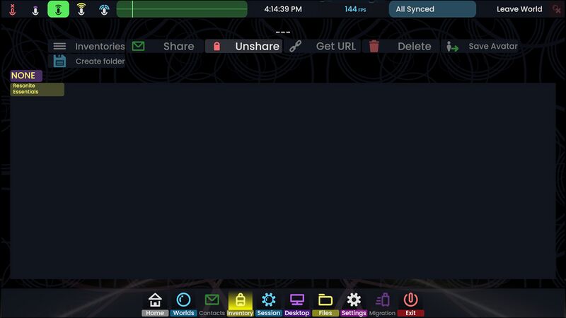 Dashboard on the "inventory" tab, showing a single folder named "Resonite essentials". On the top of the page, multiple buttons described below are available.