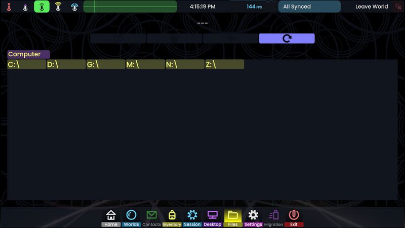 Dashboard on the "Files" tab showing all the drives of the user's computer. At the top, buttons described below are available.