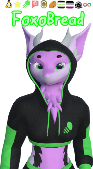 FoxoBread posing to the camera. They are a pink, smooth skinned dragon. They are wearing a black cropped hoodie, with light-green accents. Their horns and ears poke through holes in the hood.