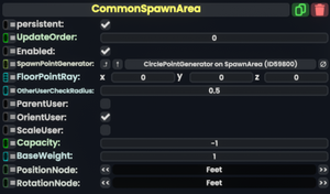 A photo of the common spawn area component and it's fields in the inspector.