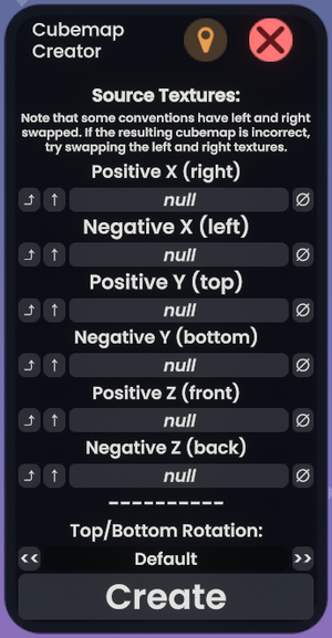 A wizard with the title "Cubemap Creator" and a subheader for source textures for the Right, Left, Front, Back, Top and Bottom of a cubemap to be generated ingame.