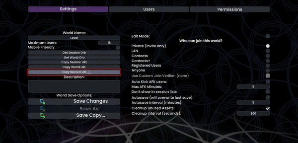 Dashboard on the "Session" tab and the "Settings" selected with the button "Copy Record URL" highlighted
