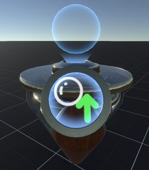 Resonite world publishing tool which displays a large sphere with a big button having a green arrow going up and a white sphere.