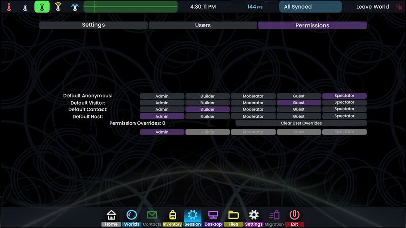Dashboard on the "Session" tab with "Permissions" selected at the top, showing a grid of all roles and permissions, the default ones being described below.
