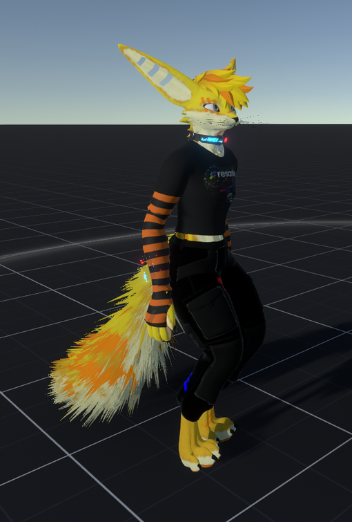 A picture of Frooxius, wearing a modified Rex base with yellow and bright orange markings and horizontal rectangular holes in his ears. He has a light cream colored underbelly and undertail. His tail is the default spiky rex tail, but with a yellow top and orange highlights near the end. Here he can be seen in a grid world looking off to his left. He is wearing a resonite logo on his shirt based on the official Resonite merch line. He's wearing a black shirt and black patched black pants.