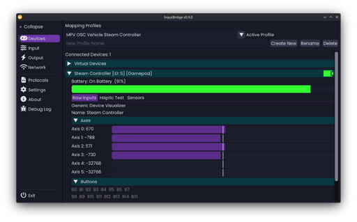Screenshot of the device page from the open source program InputBridge (v0.9.0) by The Science Team