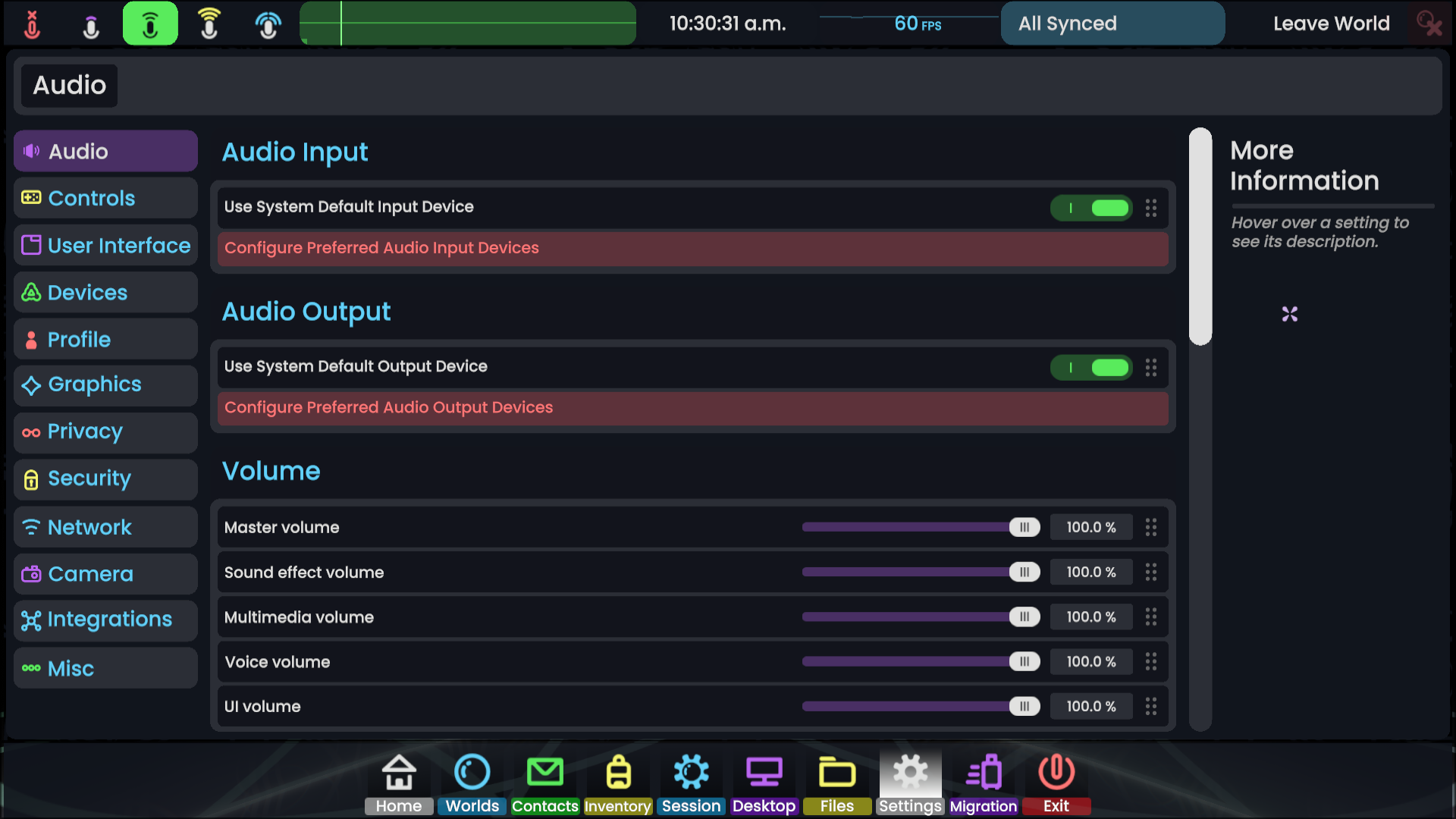 An image of the new settings menu, at the top are the "breadcrumbs" which show where you are currently located, on the left is a list of tabs, currently audio is selected, in the middle is the actual settings panel with all of the options and on the right is a "More information" tab which reads: "Hover over a setting to see its description"