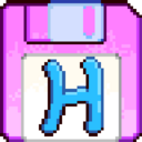 A light pink floppy disk with the light blue colored letter "H" in its center