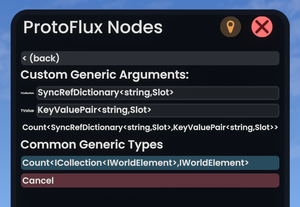a proto flux browser creating a count node where the collection field is filled in with sync ref dictionary with key type string and value type slot and the value field is filled in with key value pair with key type string and value type slot