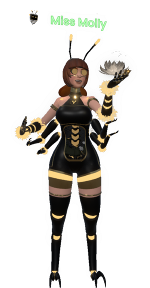 an android figure with 4 extra mechanical arms on the lower half that looks similar to that of a bee and a pair of antenna on the head of the android. Color pallete of low contrast yellow and black.