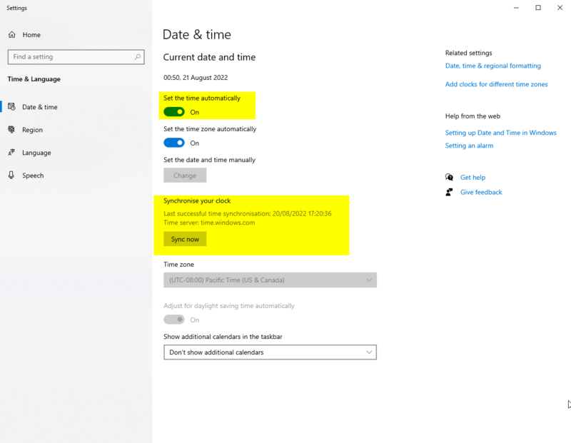 Windows 10 Date & Time settings with the switch "Set the time automatically" and "Synchronize your clock" highlighted