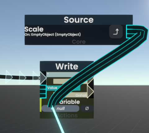 Example showing how to connect a source value to a write node by dragging a ribbon to the variable