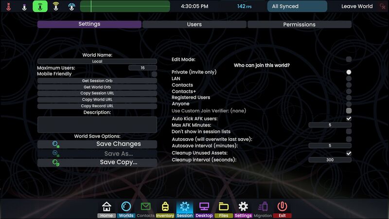 Dashboard on the "Session" tab with "Settings" selected at the top, showing two columns of settings described below.
