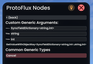 A protoflux browser set to get key value value with object key with example valid inputs for the add value with object key node, dictionary field is filled in with sync field dictionary with types string and int, key field is filled in with string, and value field is filled in with int