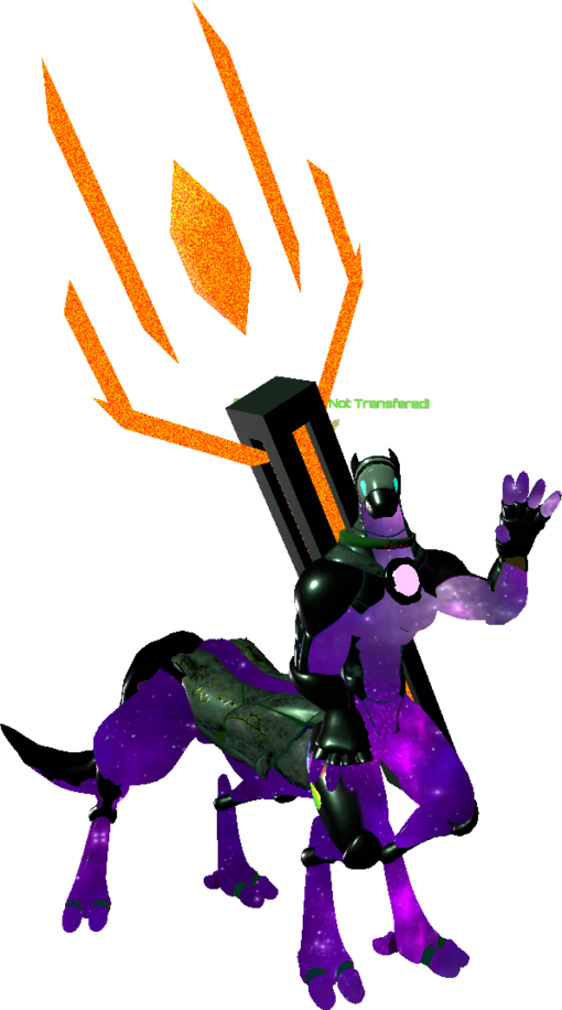 989onan, with one arm down and waving. They have a giant orange and black fork looking staff on their back, and their eyes are cyan/light blue. They're a Taur synth with rainbow lines between their panels. Belly and select areas have moving galaxies covered in glass surrounded by panels of shiny grey metal.