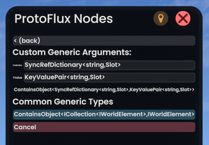 a proto flux browser set to contains object where the collection field is filled in with sync ref dictionary with key type string and value type slot and value field is filled in with key value pair with key type string and value type slot